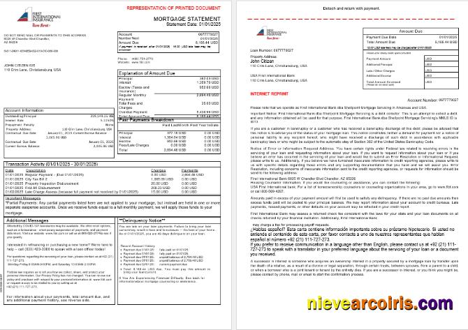 USA First International Bank & Trust bank mortgage statement, 3 pages 1-2